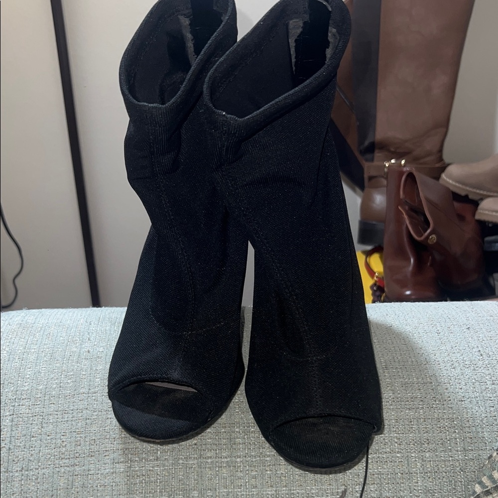 Aldo Black Peep-Toe Sock Booties with Block Heel